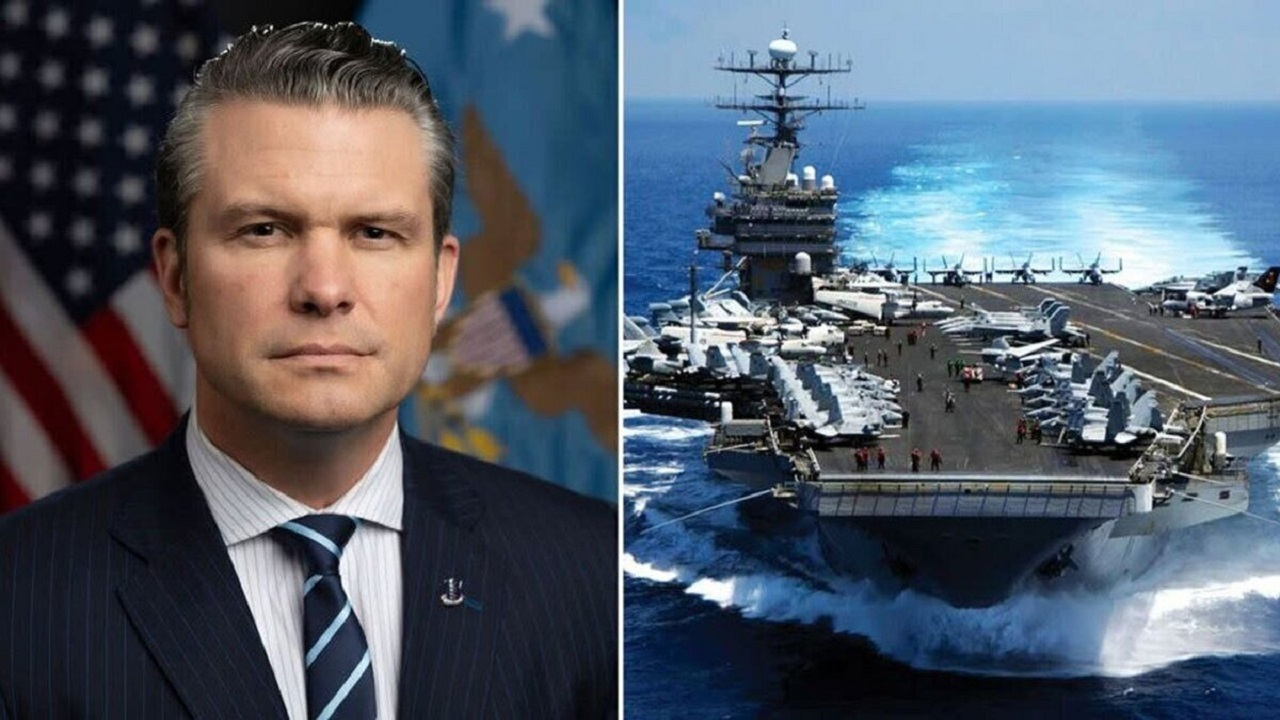 بازدید وزیر جنگ آمریکا از ناو هواپیمابر در کارائیب